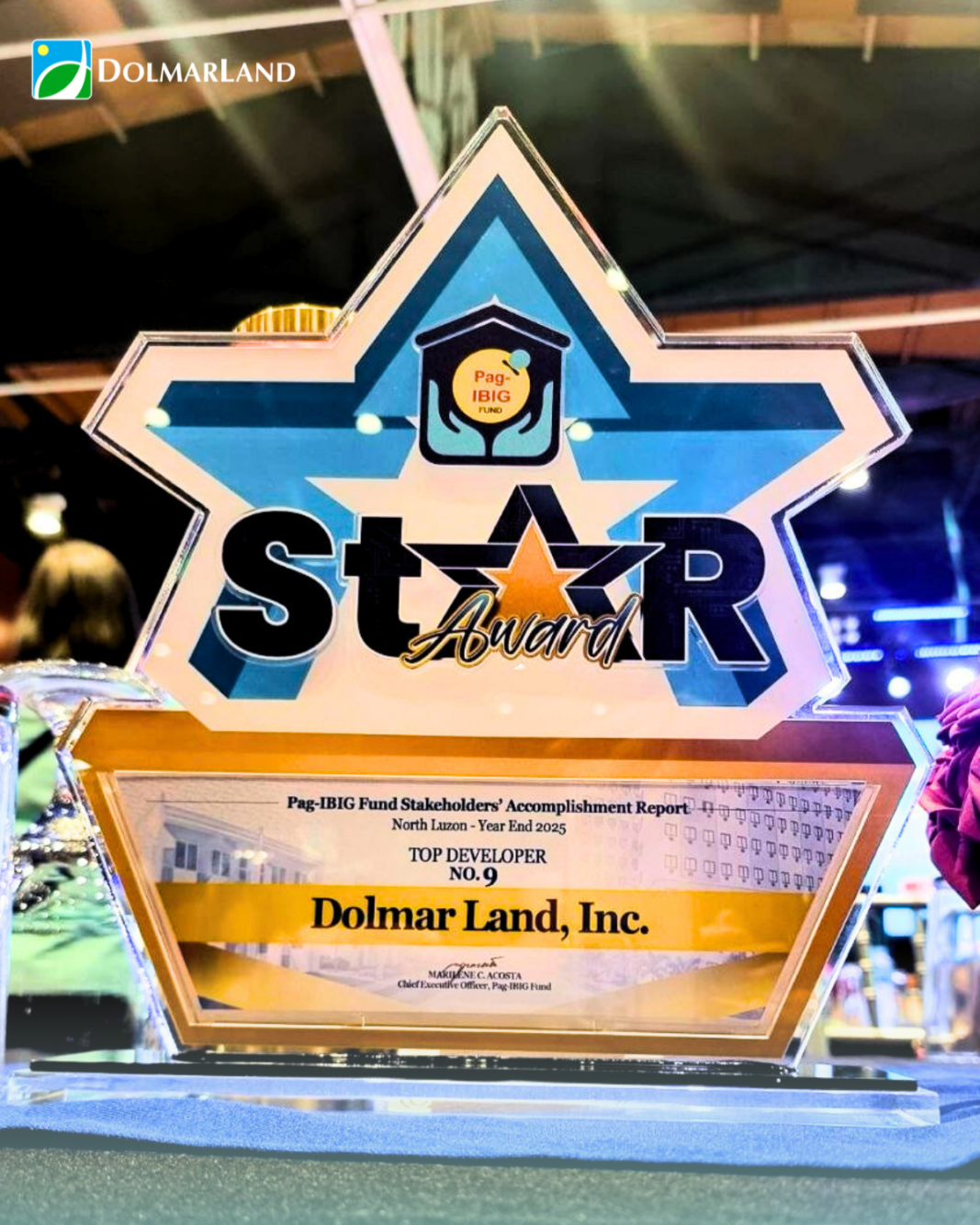 Picture of tropy of Dolmar Land Award from the Pag Ibig Fund